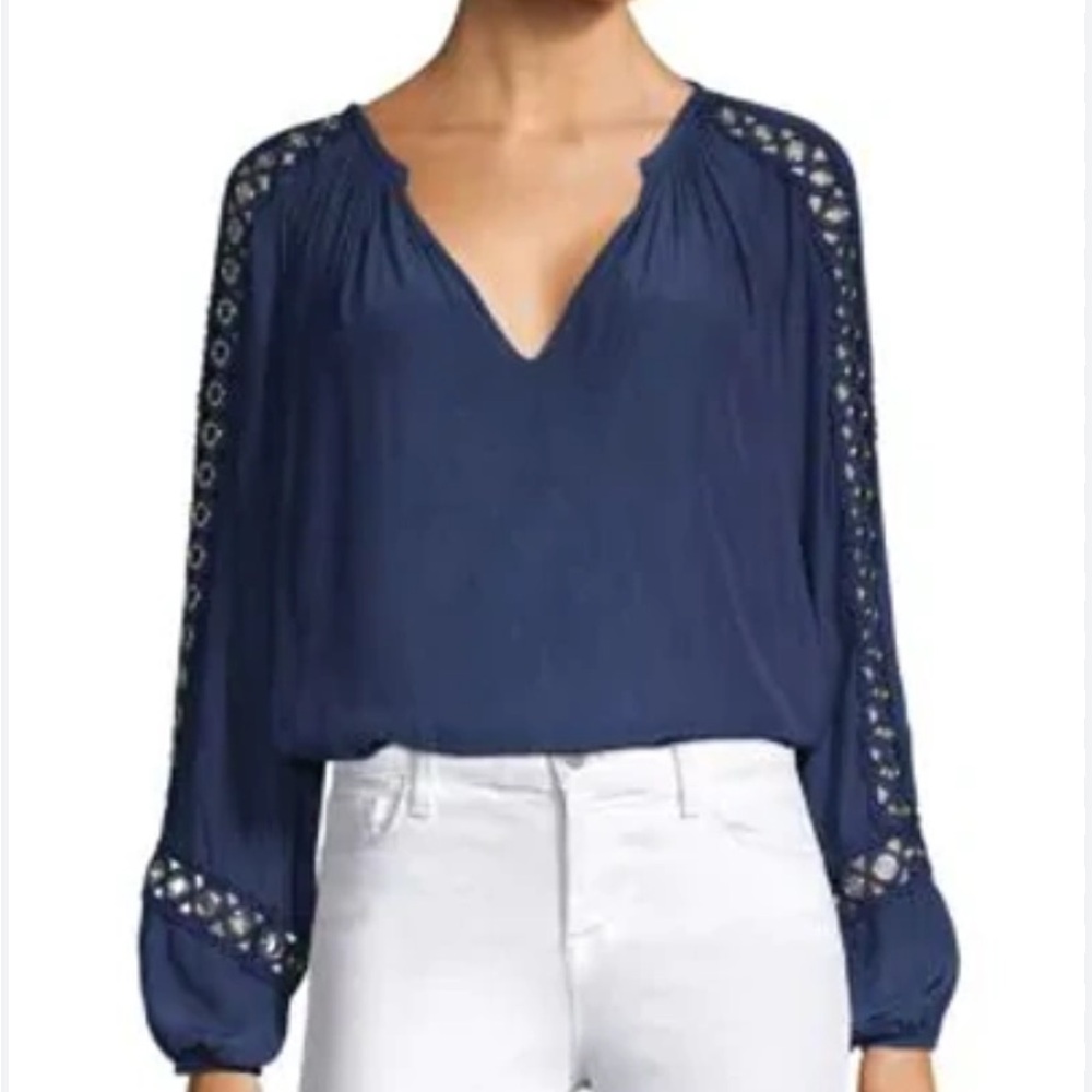 Ramy Brook Navy Blue Long Sleeve V-Neck Lace-Trim Blouse